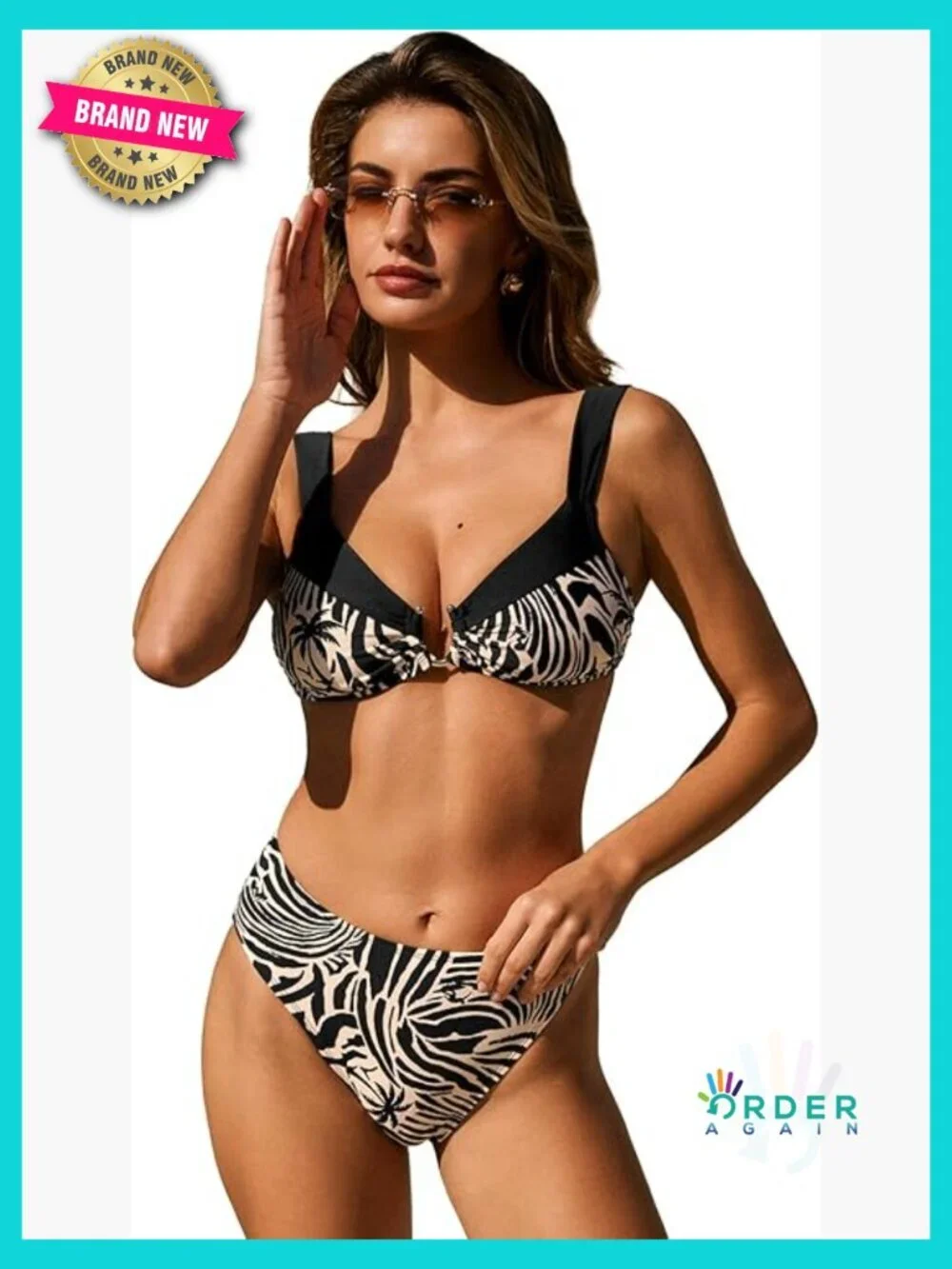 V Neck Adjustable Self Tie Two Piece Bikini Set Mid Rise Swimwear Abstract Print